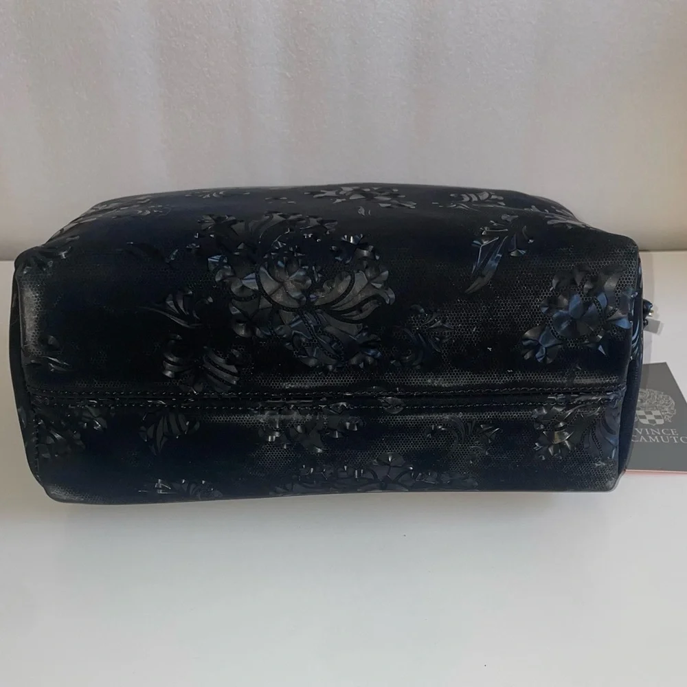 NWT Vince Camuto Black Floral Embossed Cosmetic Bag with Gold Hardware